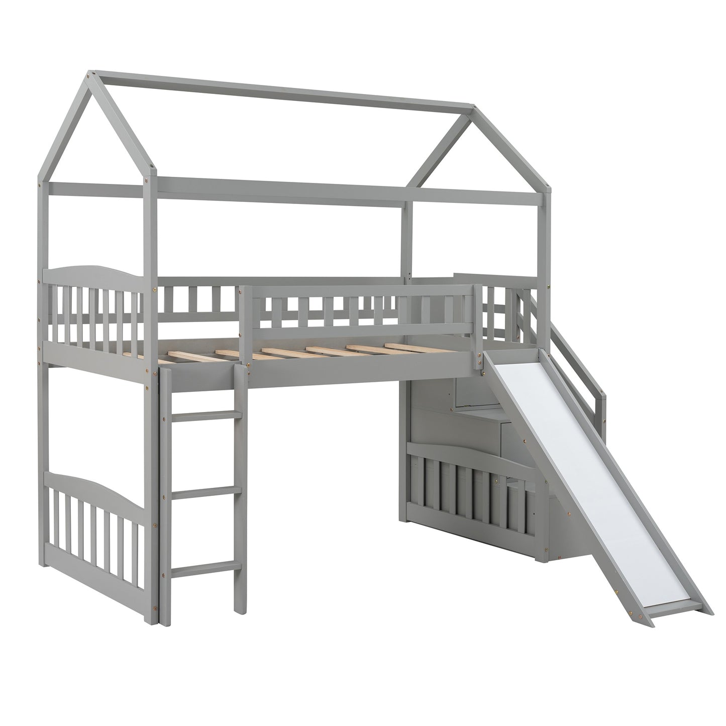 Cool Gray Twin Size Loft Bed With Slide And Storage By Homeroots | Beds | Modishstore - 7
