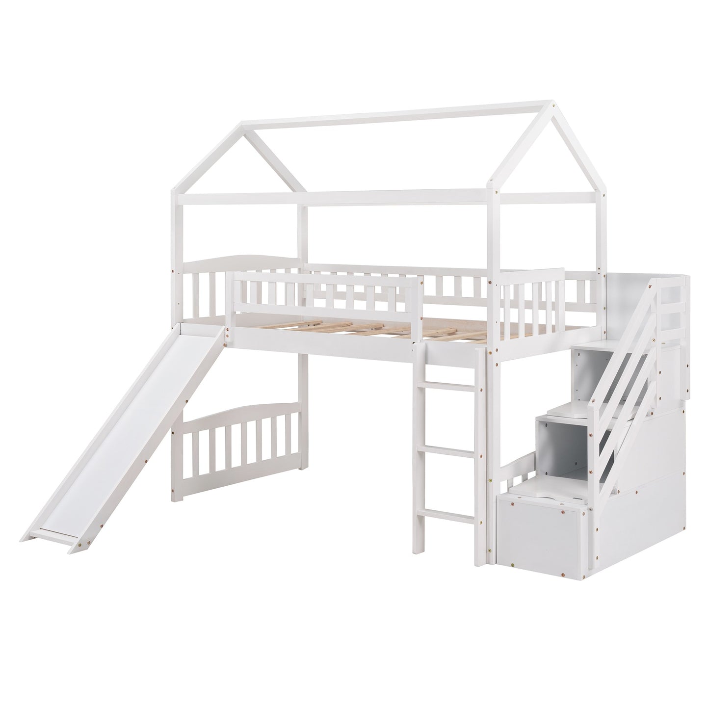 Cool Gray Twin Size Loft Bed With Slide And Storage By Homeroots | Beds | Modishstore - 18