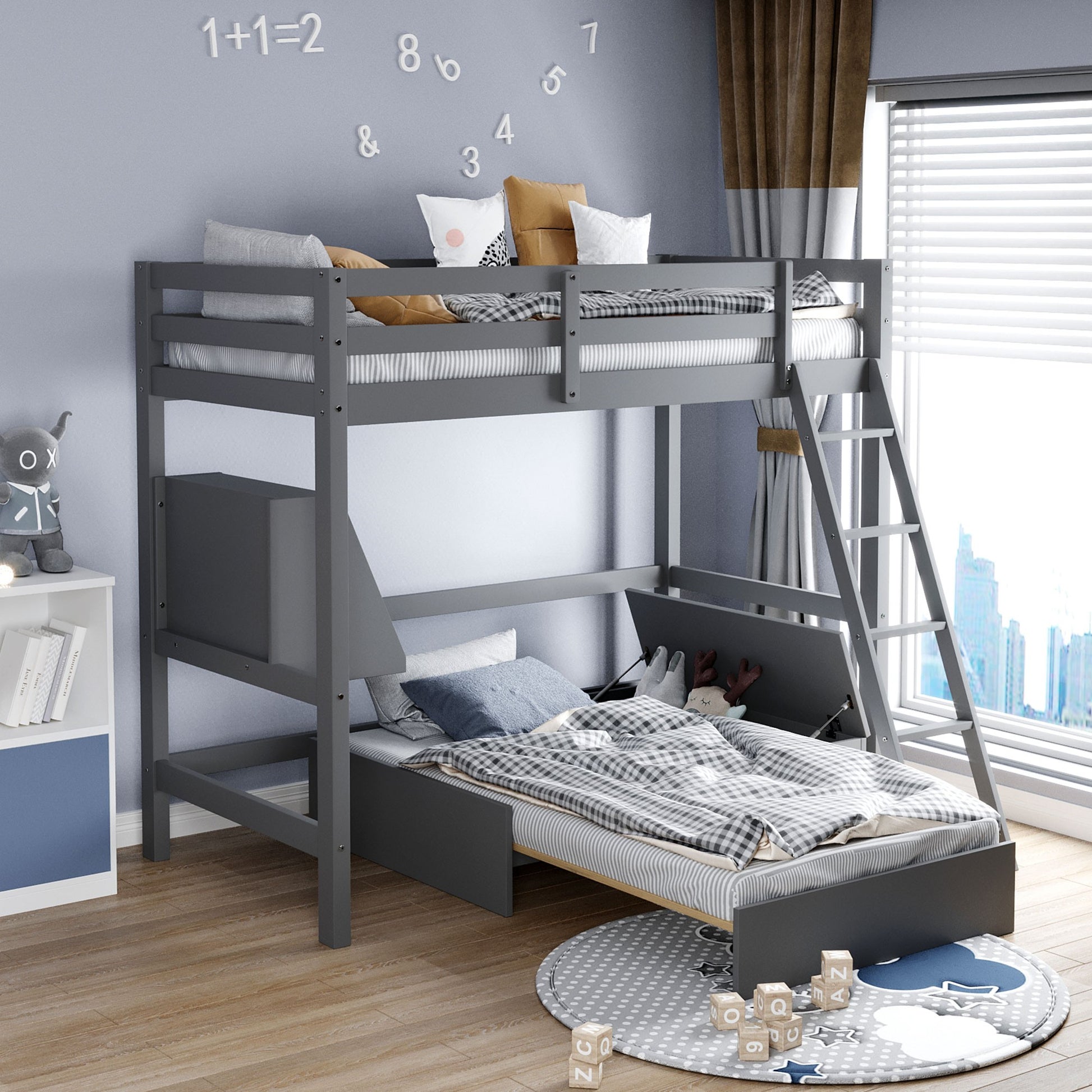 Gray Convertible Twin Over Twin Bunk Bed With Storage By Homeroots | Beds | Modishstore - 2