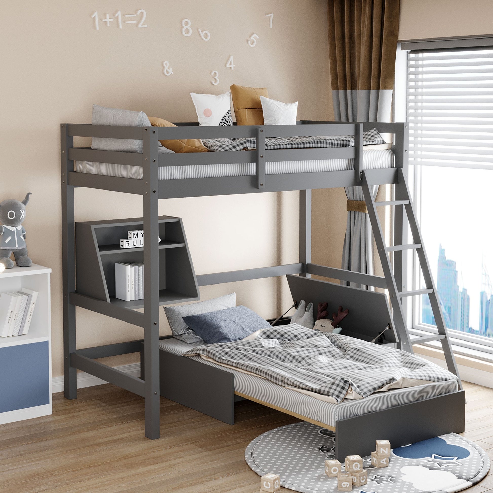 Gray Convertible Twin Over Twin Bunk Bed With Storage By Homeroots | Beds | Modishstore - 3