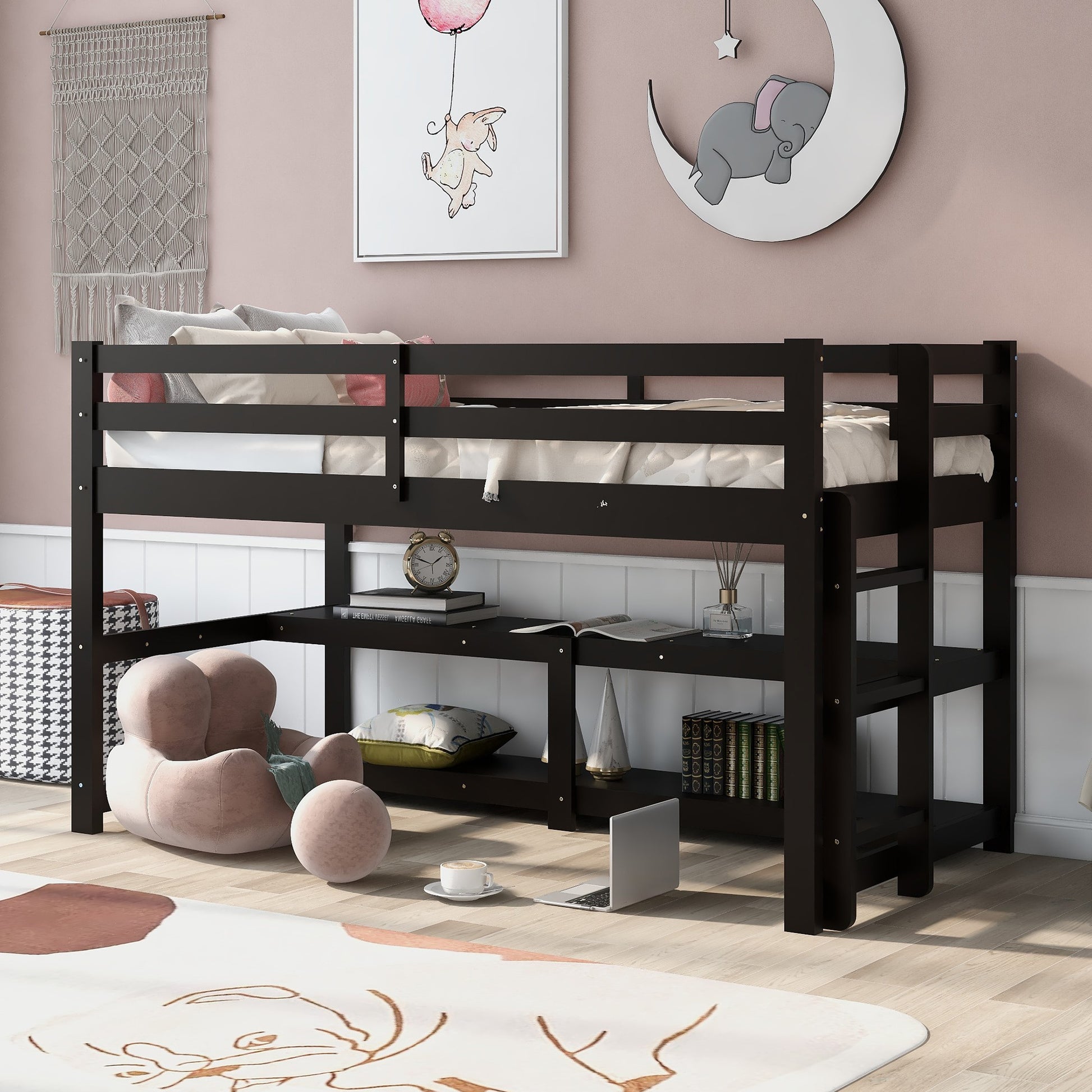 Minimalist Gray Twin Size Loft Bed With Built In Shelves By Homeroots | Beds | Modishstore - 19