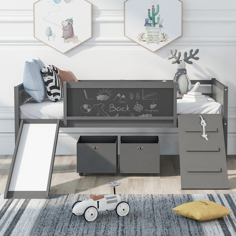 Climbing Frame Gray Twin Size Loft Bed With Slide And Storage Boxes By Homeroots | Beds | Modishstore