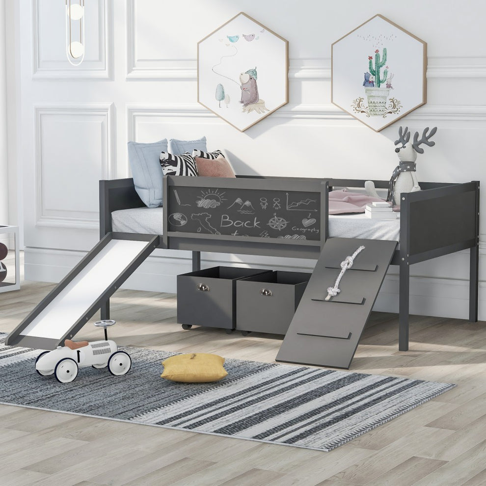 Climbing Frame Gray Twin Size Loft Bed With Slide And Storage Boxes By Homeroots | Beds | Modishstore - 2