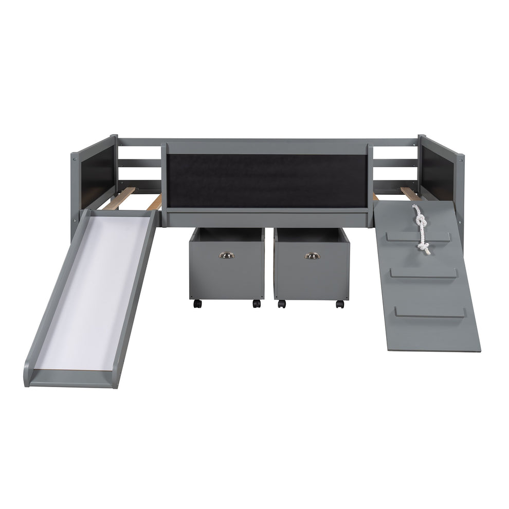 Climbing Frame Gray Twin Size Loft Bed With Slide And Storage Boxes By Homeroots | Beds | Modishstore - 3
