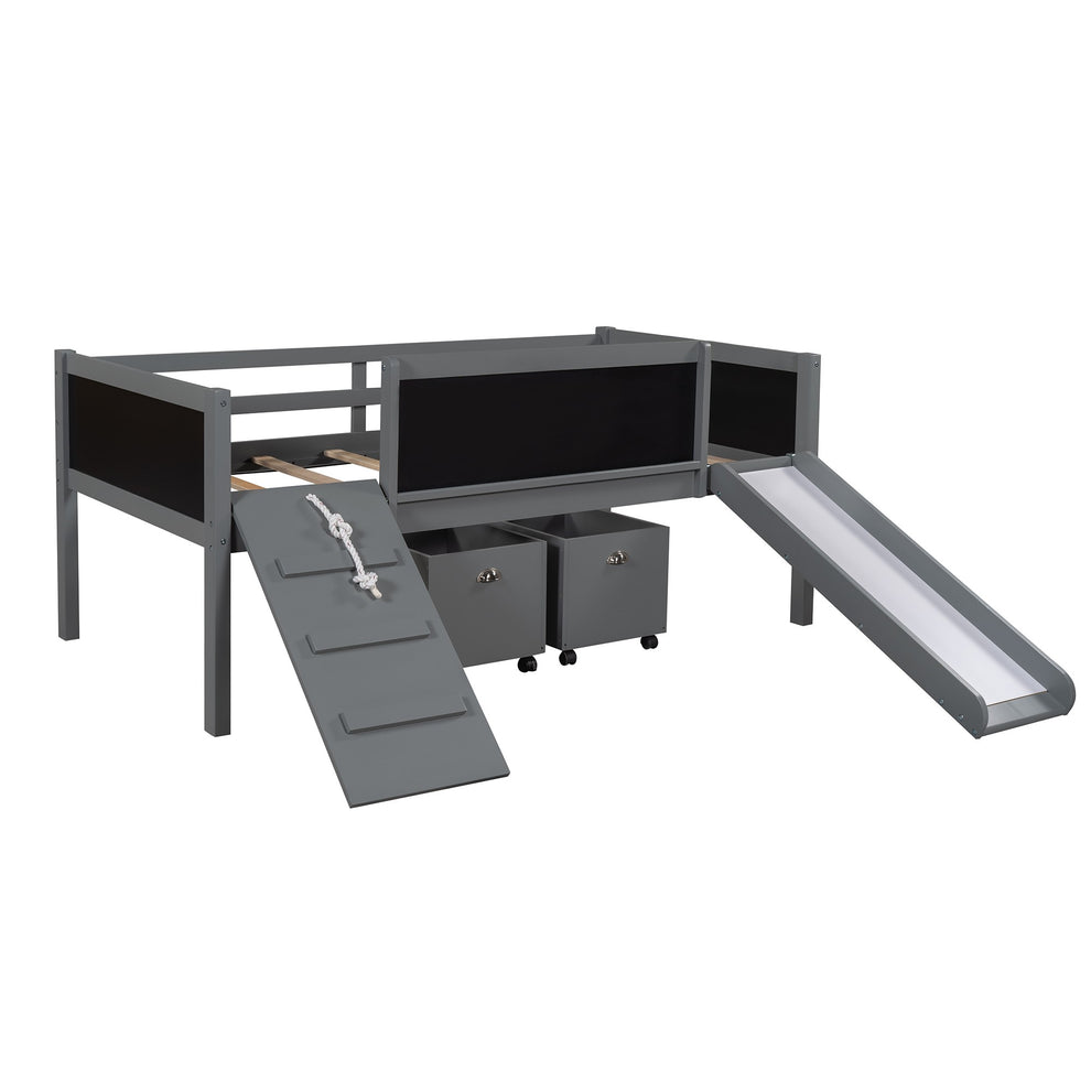 Climbing Frame Gray Twin Size Loft Bed With Slide And Storage Boxes By Homeroots | Beds | Modishstore - 5