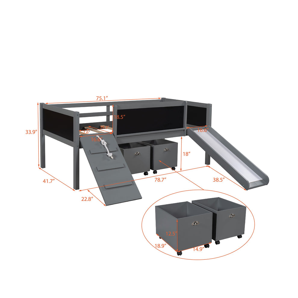 Climbing Frame Gray Twin Size Loft Bed With Slide And Storage Boxes By Homeroots | Beds | Modishstore - 6