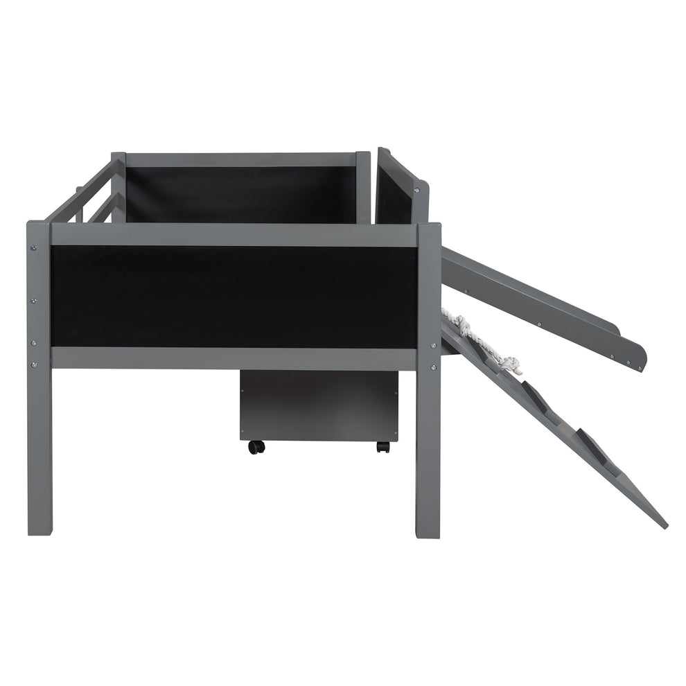 Climbing Frame Gray Twin Size Loft Bed With Slide And Storage Boxes By Homeroots | Beds | Modishstore - 7