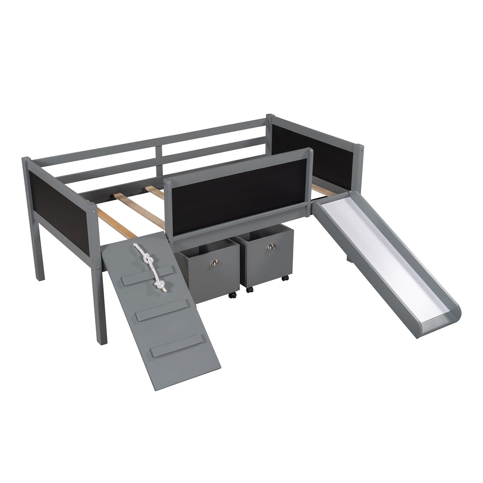 Climbing Frame Gray Twin Size Loft Bed With Slide And Storage Boxes By Homeroots | Beds | Modishstore - 9