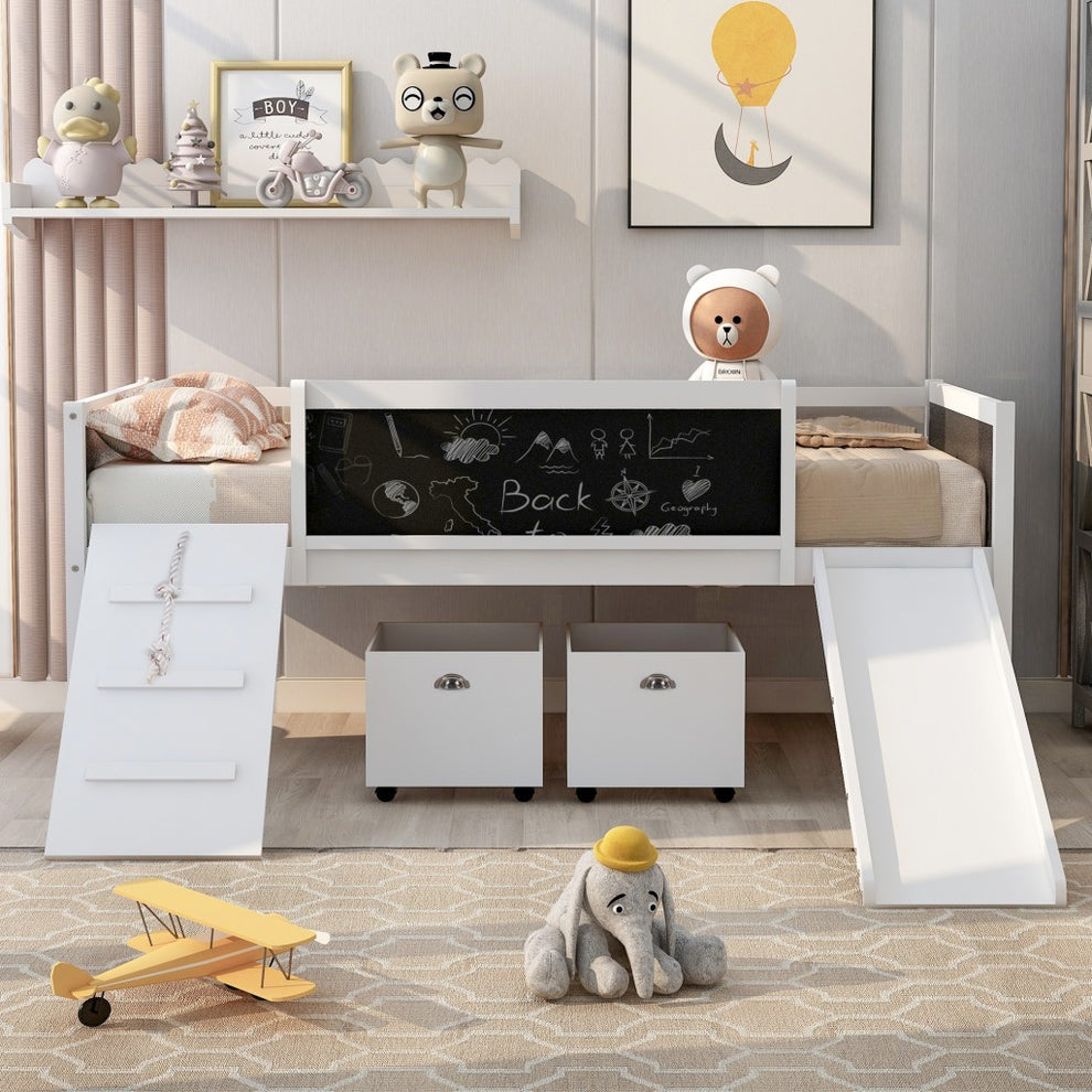Climbing Frame Gray Twin Size Loft Bed With Slide And Storage Boxes By Homeroots | Beds | Modishstore - 10