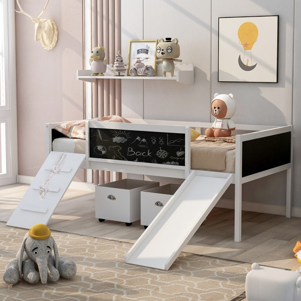 Climbing Frame Gray Twin Size Loft Bed With Slide And Storage Boxes By Homeroots | Beds | Modishstore - 11