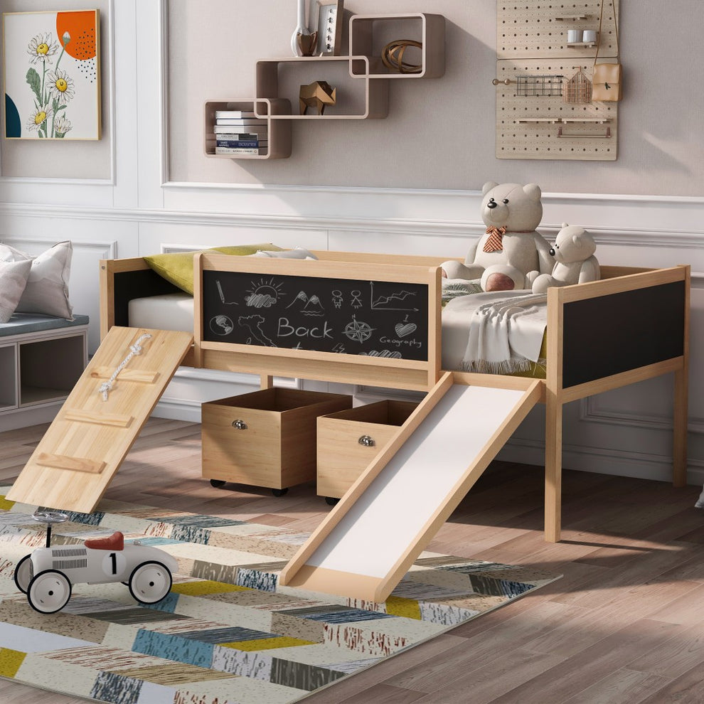 Climbing Frame Gray Twin Size Loft Bed With Slide And Storage Boxes By Homeroots | Beds | Modishstore - 20