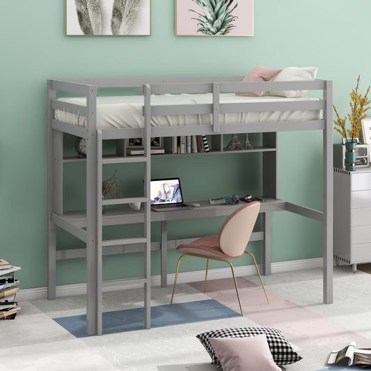 Minimalist Gray Twin Size Loft Bed With Built In Desk And Shelf By Homeroots | Beds | Modishstore