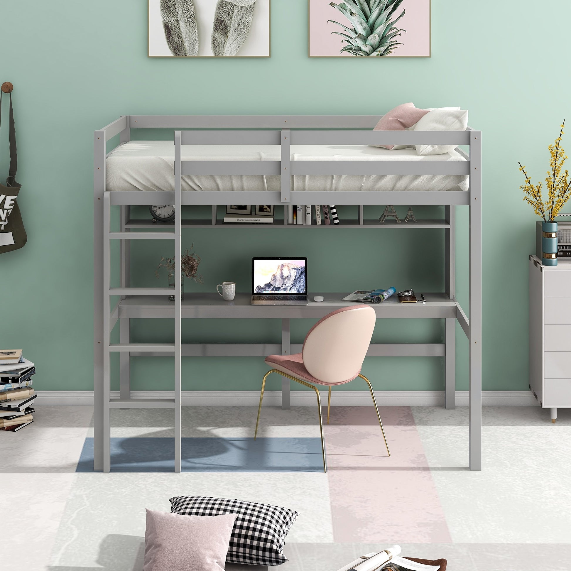 Minimalist Gray Twin Size Loft Bed With Built In Desk And Shelf By Homeroots | Beds | Modishstore - 2