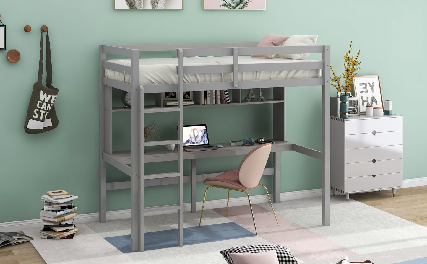 Minimalist Gray Twin Size Loft Bed With Built In Desk And Shelf By Homeroots | Beds | Modishstore - 3