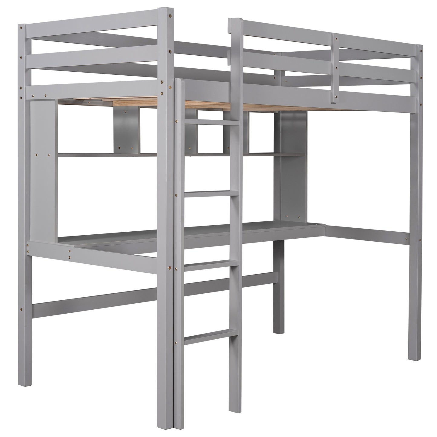 Minimalist Gray Twin Size Loft Bed With Built In Desk And Shelf By Homeroots | Beds | Modishstore - 5