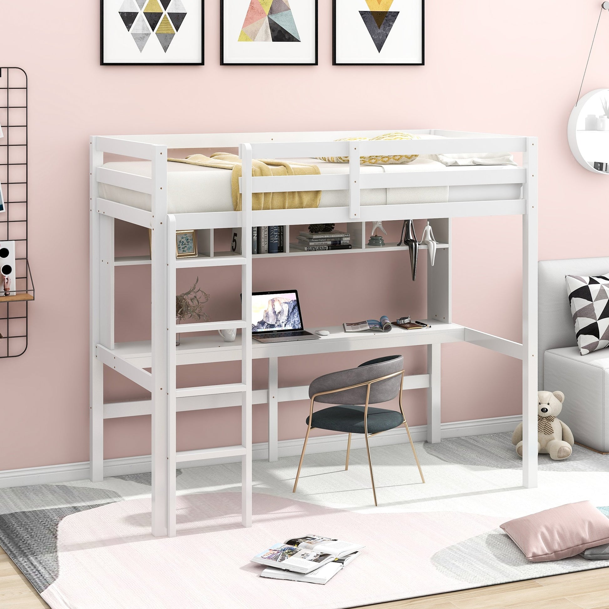 Minimalist Gray Twin Size Loft Bed With Built In Desk And Shelf By Homeroots | Beds | Modishstore - 10