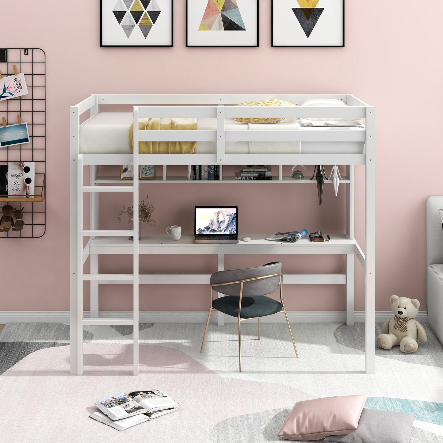 Minimalist Gray Twin Size Loft Bed With Built In Desk And Shelf By Homeroots | Beds | Modishstore - 11