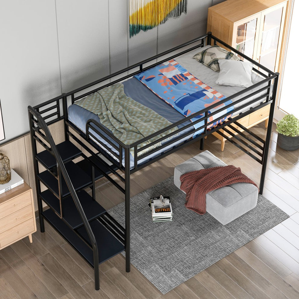 Mod Black Twin Size Metal Loft Bed With Desk And Stairs By Homeroots | Beds | Modishstore - 2