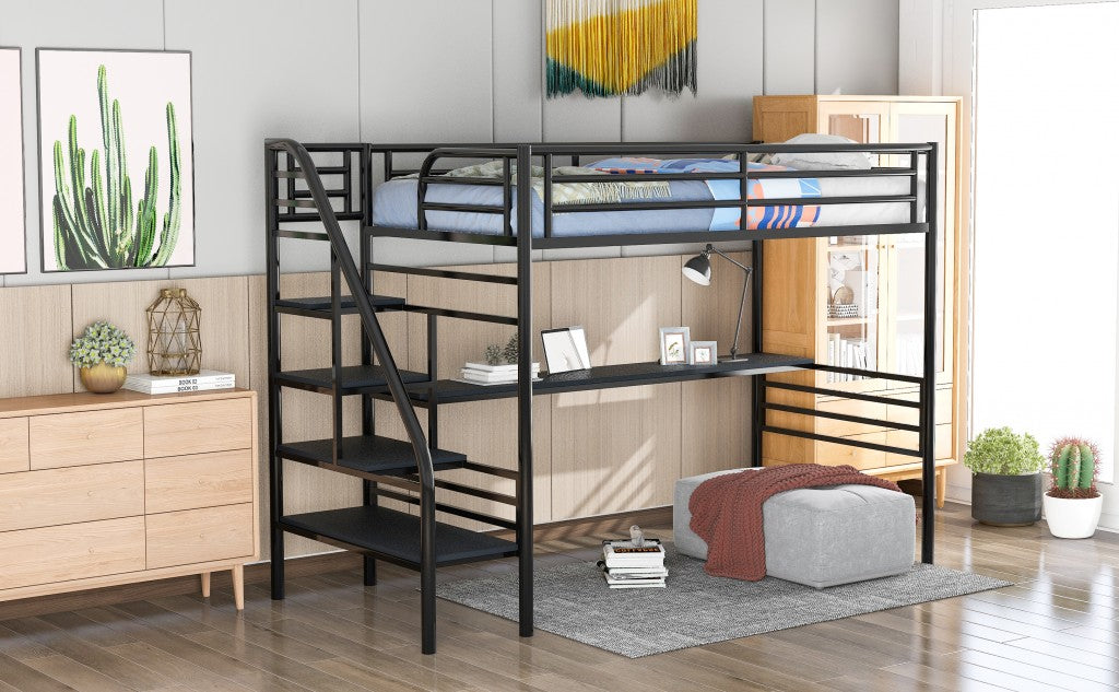 Mod Black Twin Size Metal Loft Bed With Desk And Stairs By Homeroots | Beds | Modishstore - 3