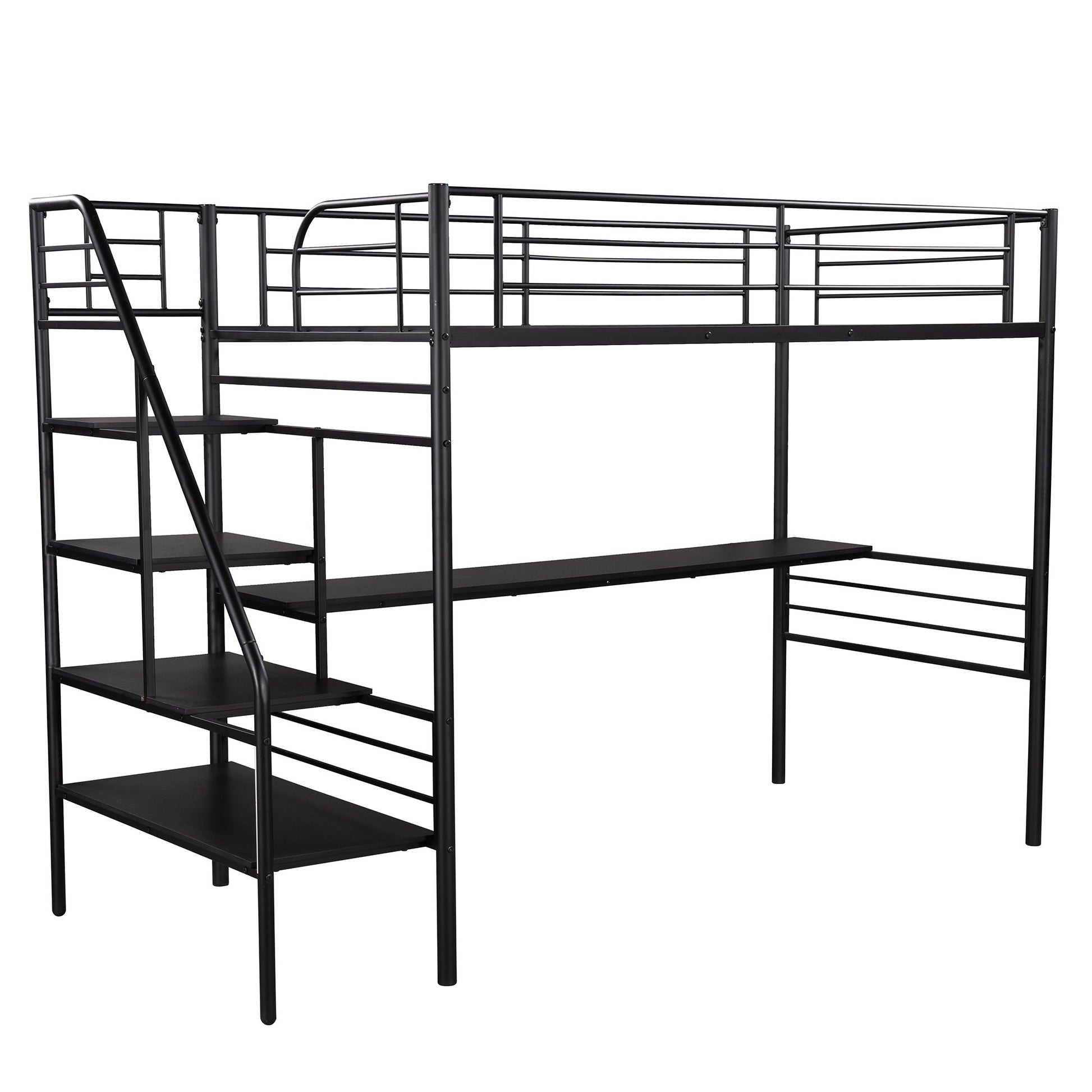 Mod Black Twin Size Metal Loft Bed With Desk And Stairs By Homeroots | Beds | Modishstore - 5