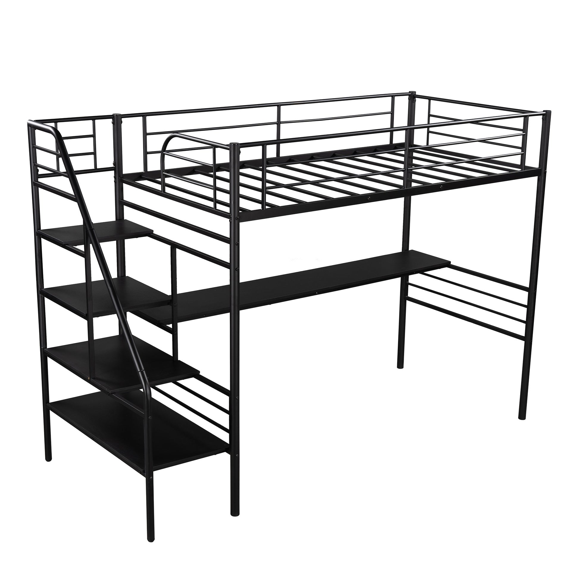 Mod Black Twin Size Metal Loft Bed With Desk And Stairs By Homeroots | Beds | Modishstore - 6