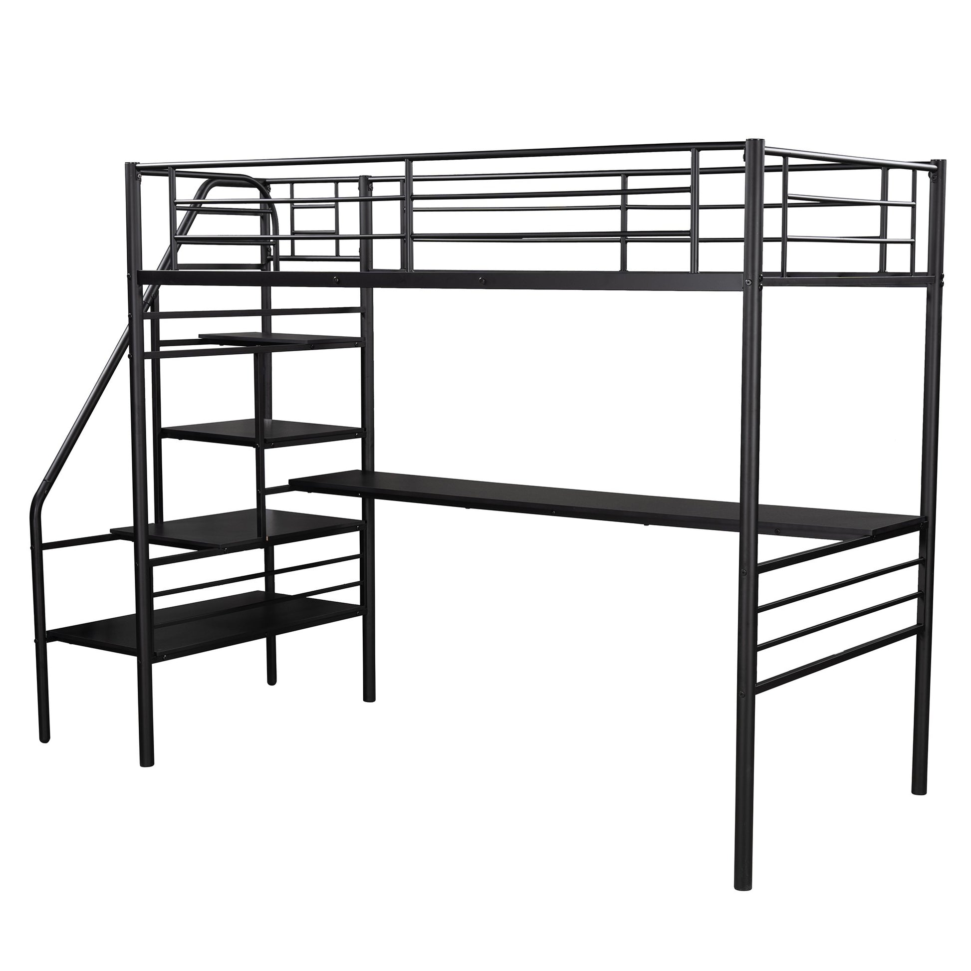 Mod Black Twin Size Metal Loft Bed With Desk And Stairs By Homeroots | Beds | Modishstore - 7