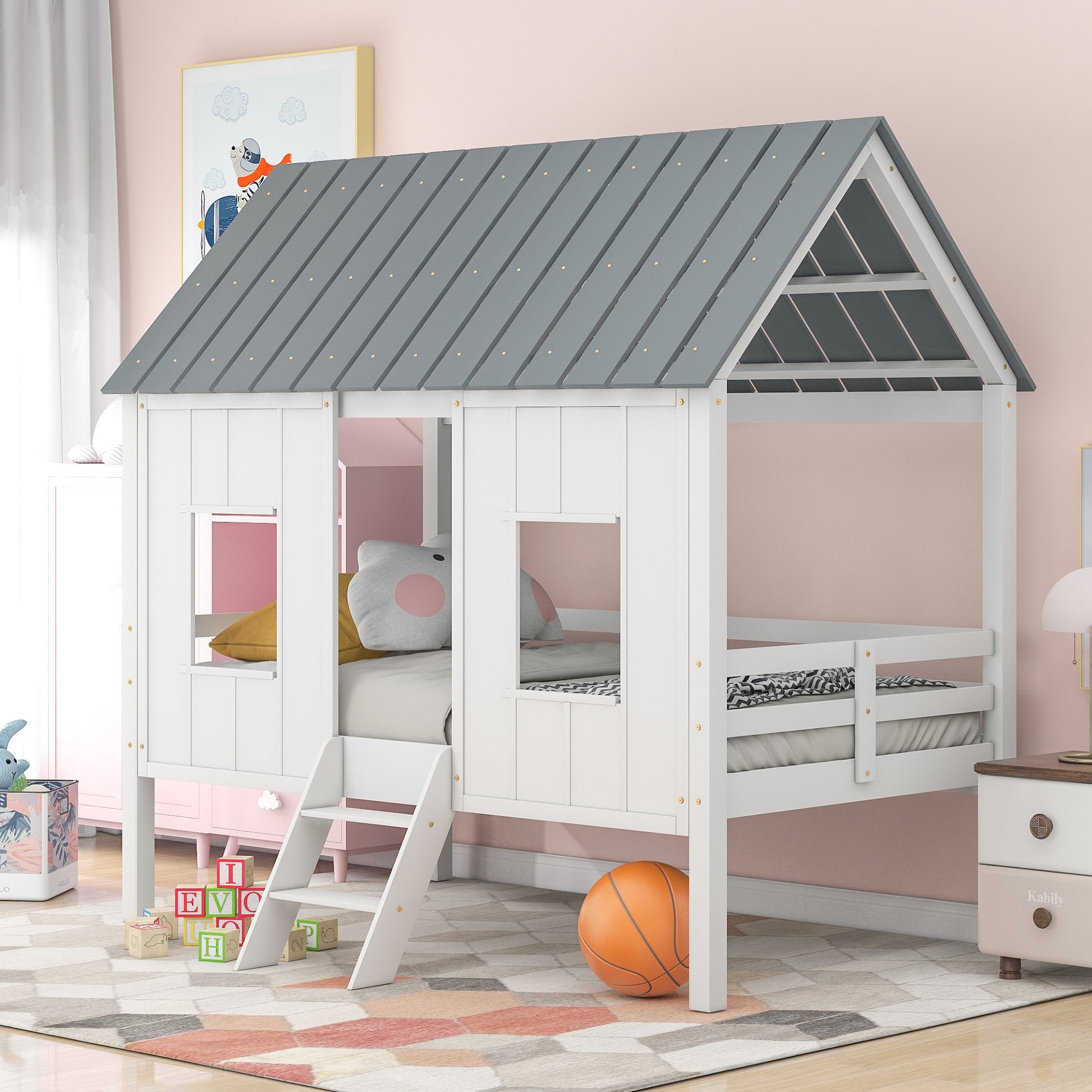 Playhouse With Windows And Roof White Twin Size Low Loft Bed By Homeroots | Beds | Modishstore