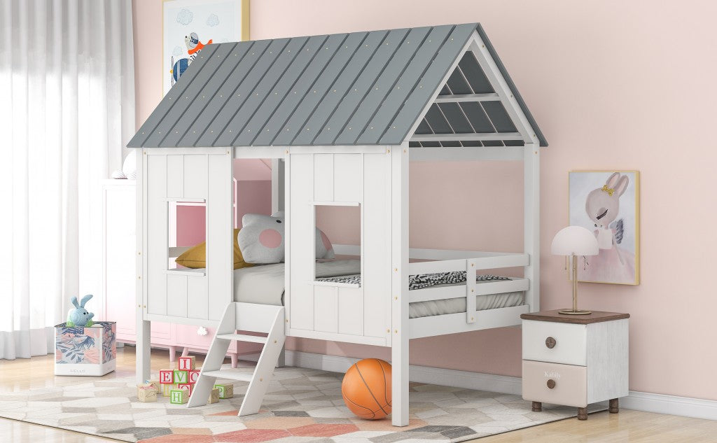 Playhouse With Windows And Roof White Twin Size Low Loft Bed By Homeroots | Beds | Modishstore - 3