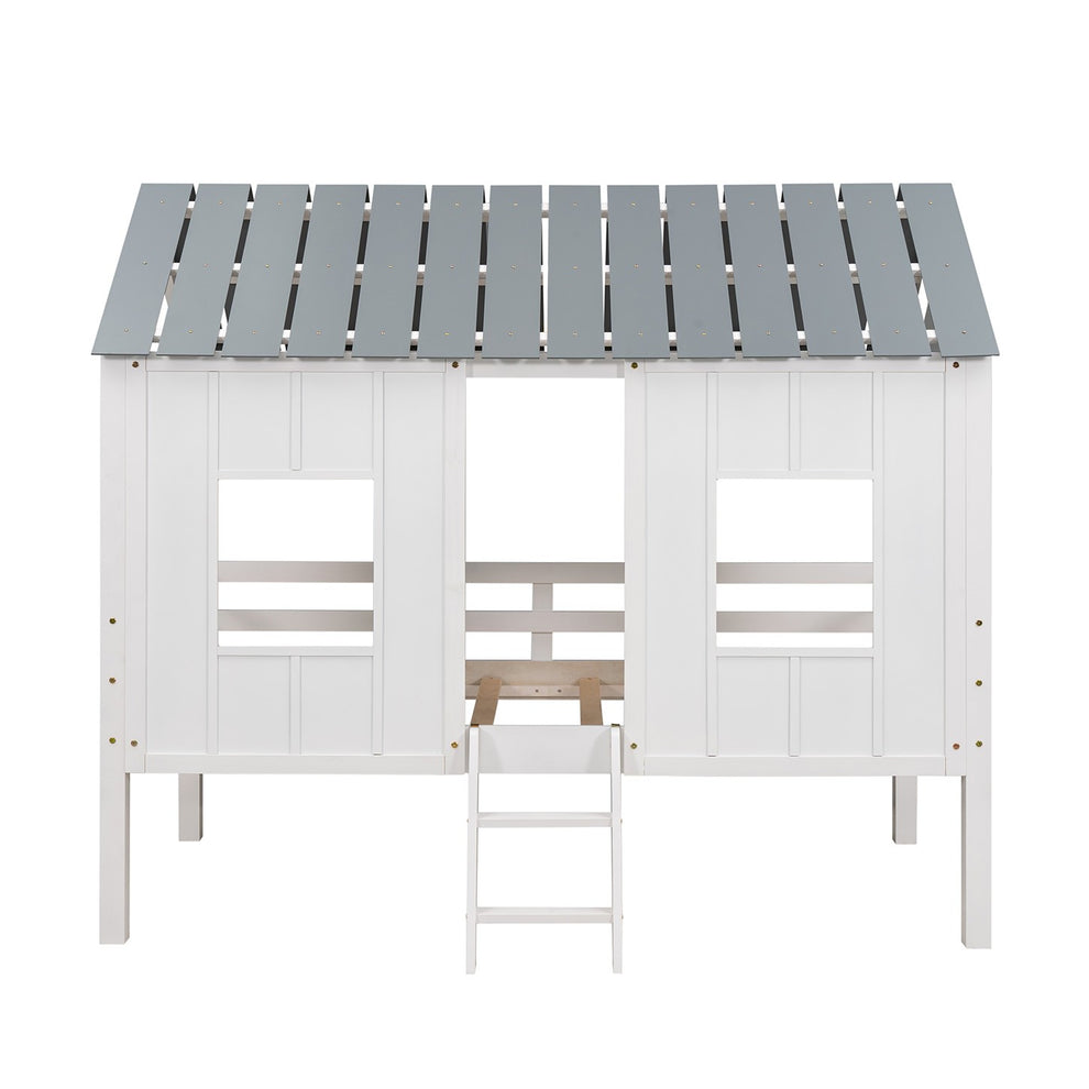 Playhouse With Windows And Roof White Twin Size Low Loft Bed By Homeroots | Beds | Modishstore - 4