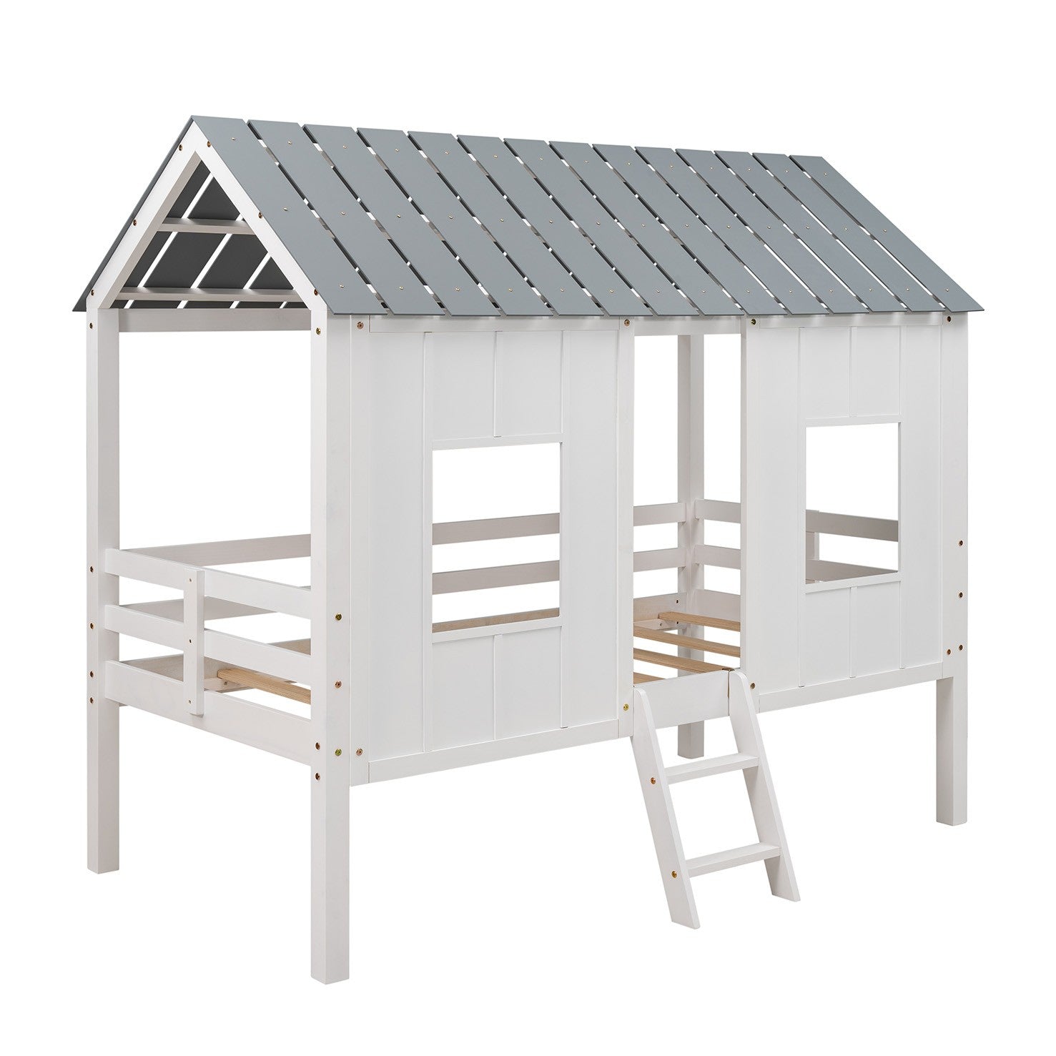 Playhouse With Windows And Roof White Twin Size Low Loft Bed By Homeroots | Beds | Modishstore - 5