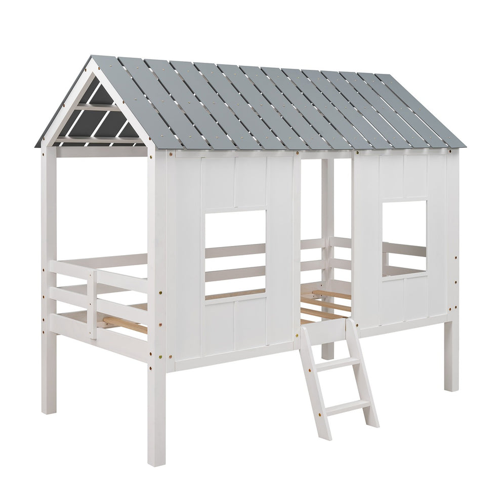 Playhouse With Windows And Roof White Twin Size Low Loft Bed By Homeroots | Beds | Modishstore - 5