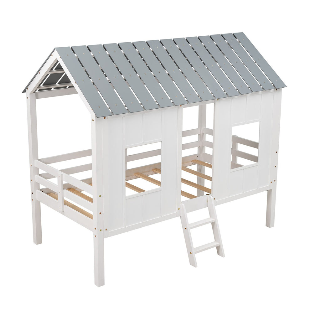 Playhouse With Windows And Roof White Twin Size Low Loft Bed By Homeroots | Beds | Modishstore - 6
