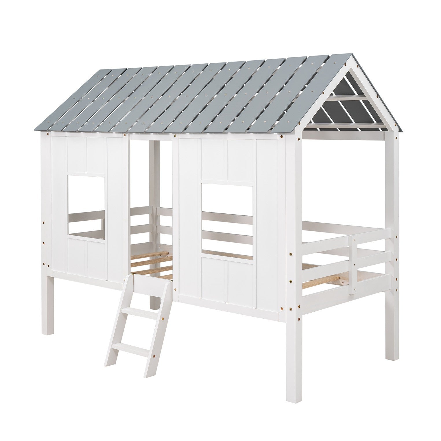 Playhouse With Windows And Roof White Twin Size Low Loft Bed By Homeroots | Beds | Modishstore - 8
