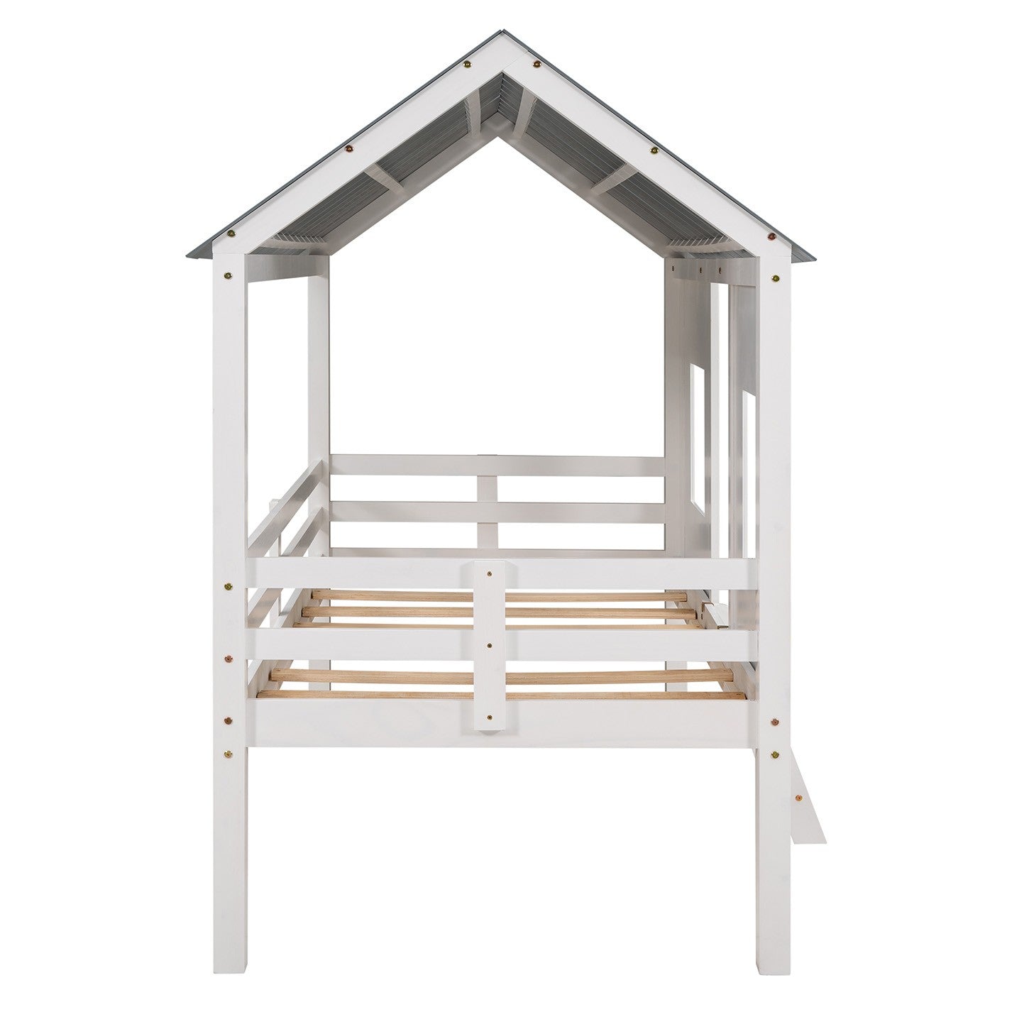 Playhouse With Windows And Roof White Twin Size Low Loft Bed By Homeroots | Beds | Modishstore - 9