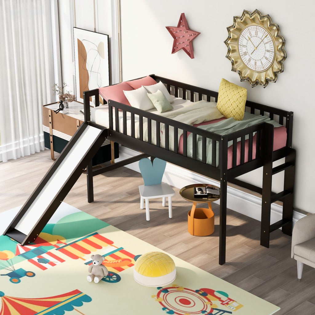 Dark Brown Twin Size Loft Bed With Slide By Homeroots | Beds | Modishstore - 2