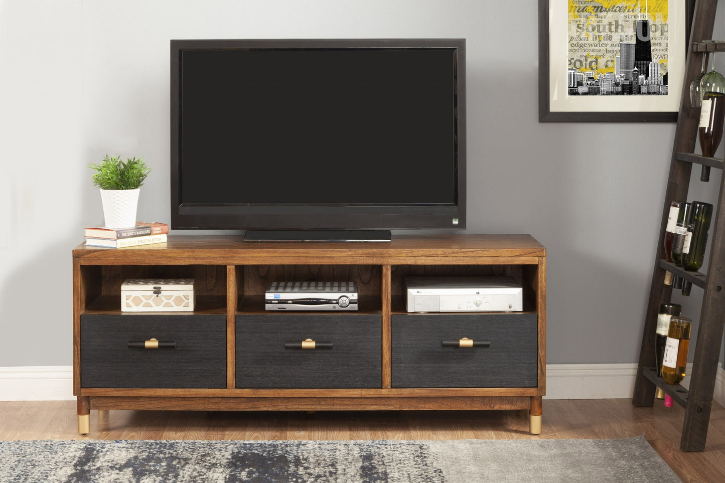 Walnut and Black Mid Century Modern TV Console By Homeroots | TV Stands | Modishstore