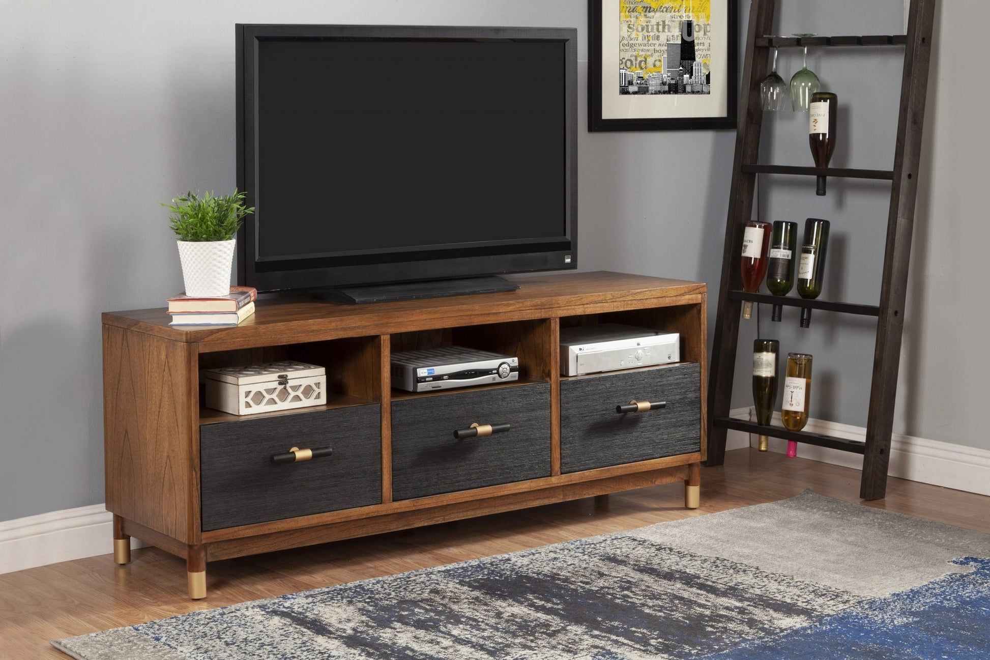 Walnut and Black Mid Century Modern TV Console By Homeroots | TV Stands | Modishstore - 2
