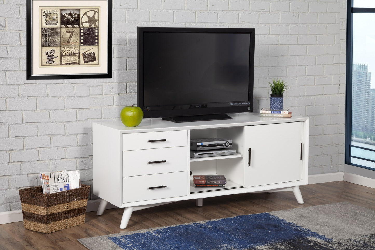 64" White Mahogany Solids Okoume And Veneer Open Shelving TV Stand By Homeroots | TV Stands | Modishstore - 8