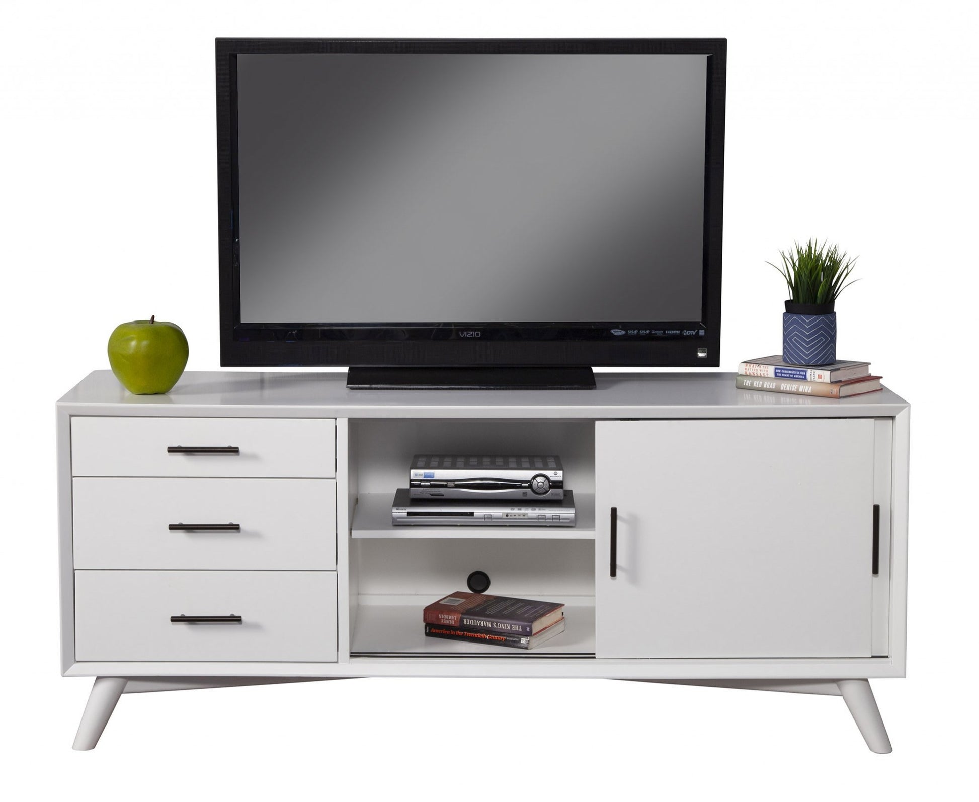 64" White Mahogany Solids Okoume And Veneer Open Shelving TV Stand By Homeroots | TV Stands | Modishstore - 5