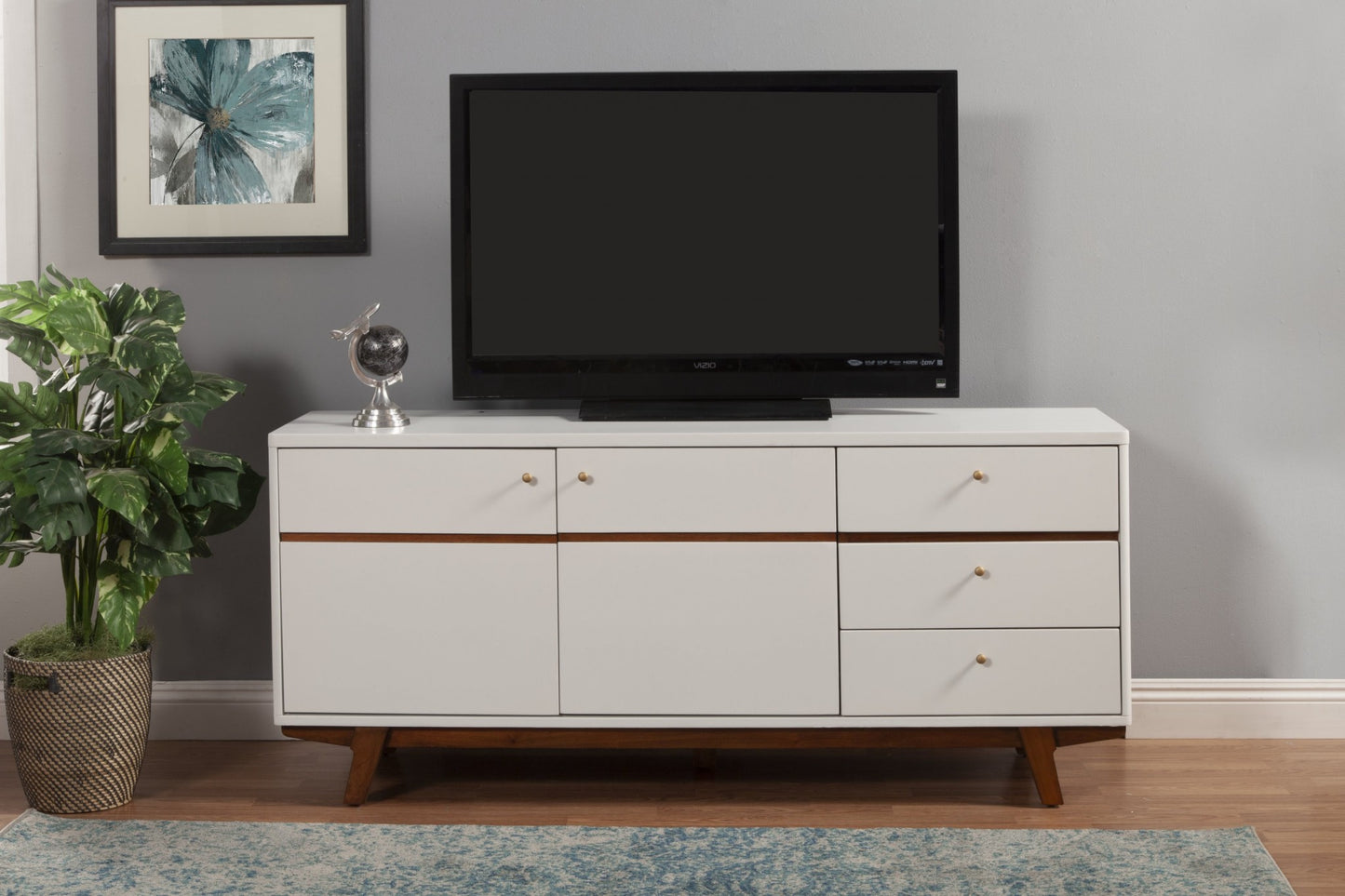 White Mid Century Mod TV Console with Acorn Accents By Homeroots | TV Stands | Modishstore
