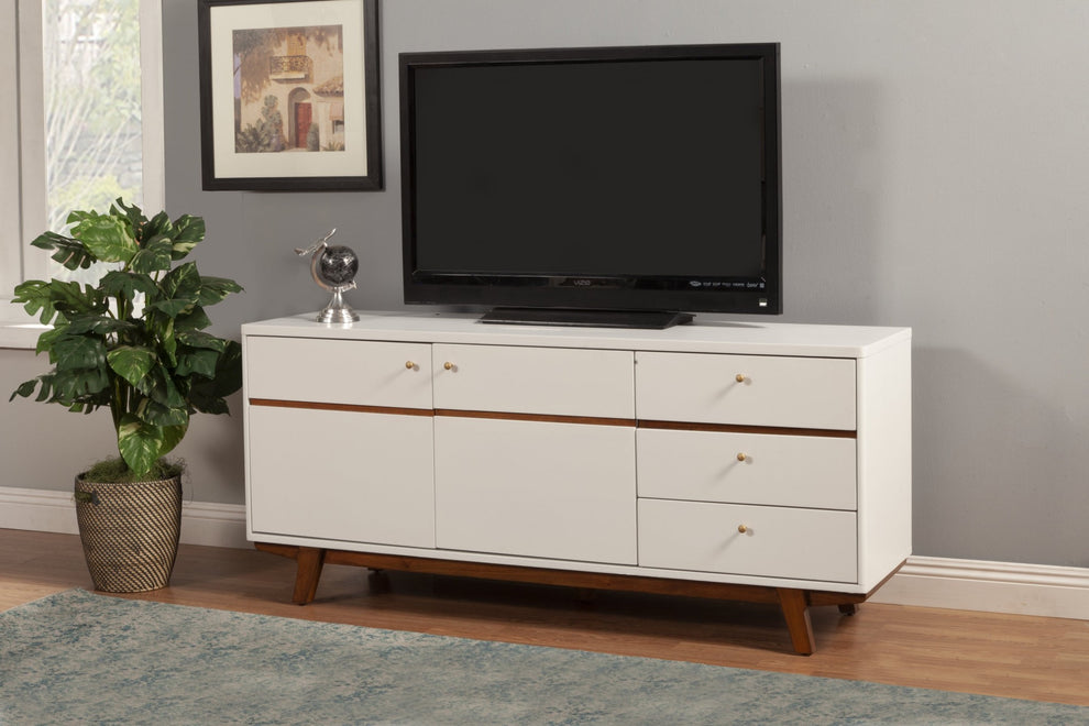 White Mid Century Mod TV Console with Acorn Accents By Homeroots | TV Stands | Modishstore - 8