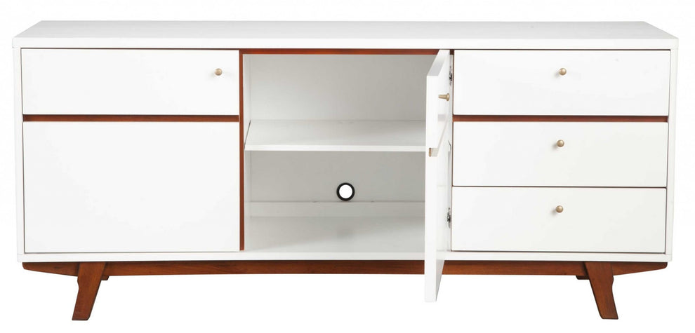 White Mid Century Mod TV Console with Acorn Accents By Homeroots | TV Stands | Modishstore - 5