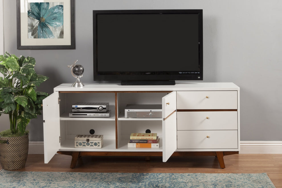 White Mid Century Mod TV Console with Acorn Accents By Homeroots | TV Stands | Modishstore - 2