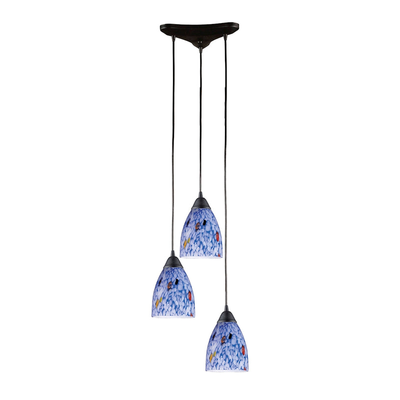 Classico 3-Light Triangular Pendant Fixture in Dark Rust with Starburst Blue Glass ELK Lighting | Pendant Lamps | Modishstore