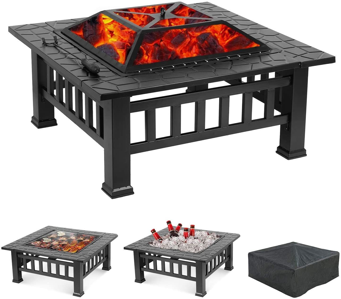 32" Black Square Charcoal or Wood Burning Fire Pit with Cover By Homeroots | FIRE PITS | Modishstore - 2