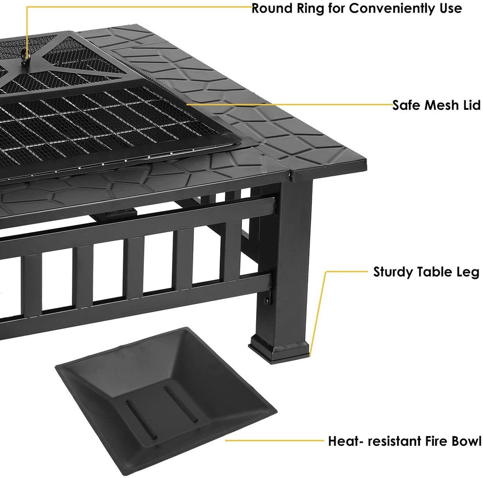 32" Black Square Charcoal or Wood Burning Fire Pit with Cover By Homeroots | FIRE PITS | Modishstore - 4