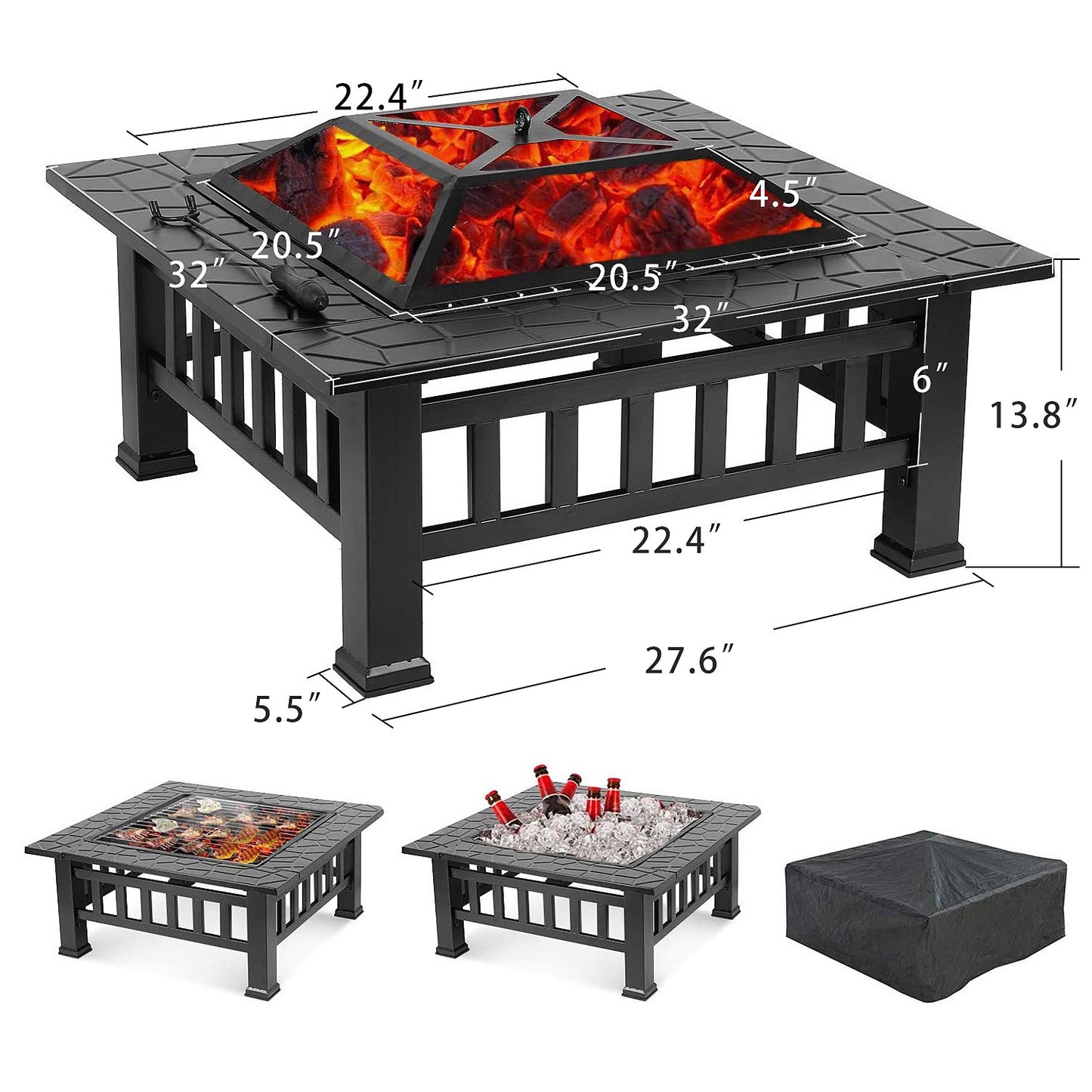 32" Black Square Charcoal or Wood Burning Fire Pit with Cover By Homeroots | FIRE PITS | Modishstore - 6