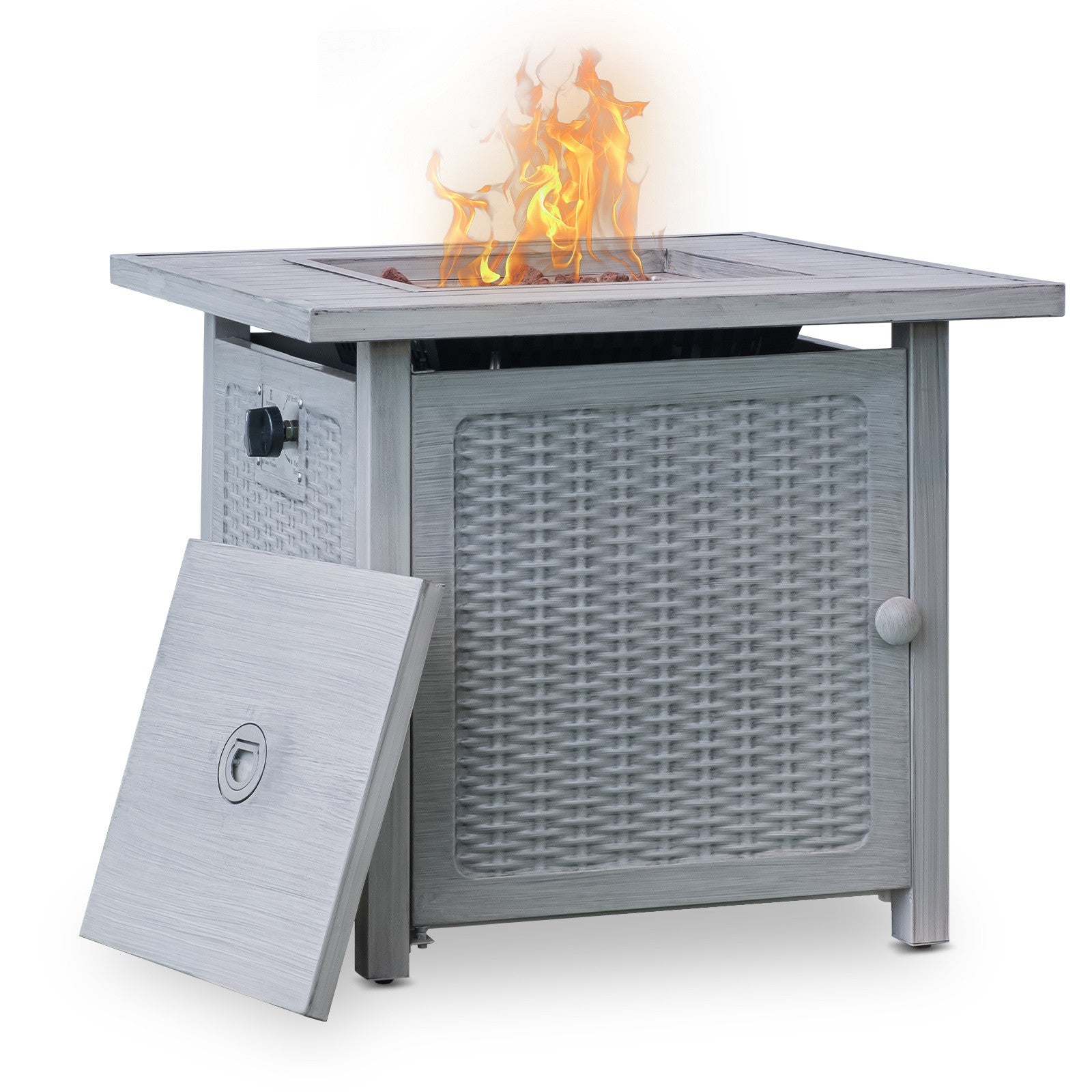 28" Ashy Gray Rattan Design Square Propane Fire Pit with Lava Rocks and Cover By Homeroots | FIRE PITS | Modishstore