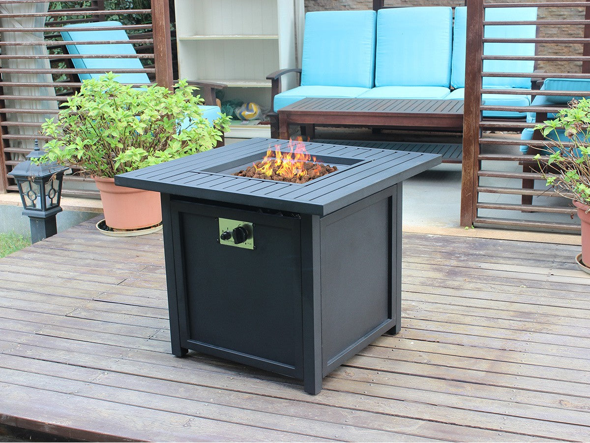 28" Black Square Propane Fire Pit with Lava Rocks and Cover By Homeroots | FIRE PITS | Modishstore