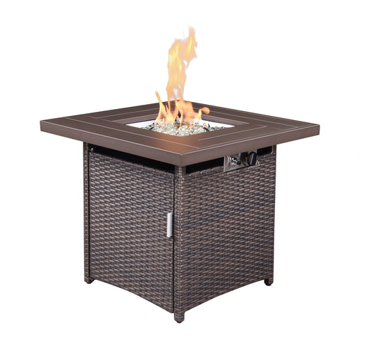 28" Brown Faux Rattan Design Square Propane Fire Pit with Glass Bead Rocks By Homeroots | FIRE PITS | Modishstore